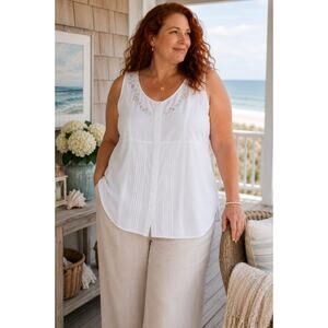 Emma James Womens 18W White Embroidered Beaded Sleeveless Blouse Coastal Grandma
